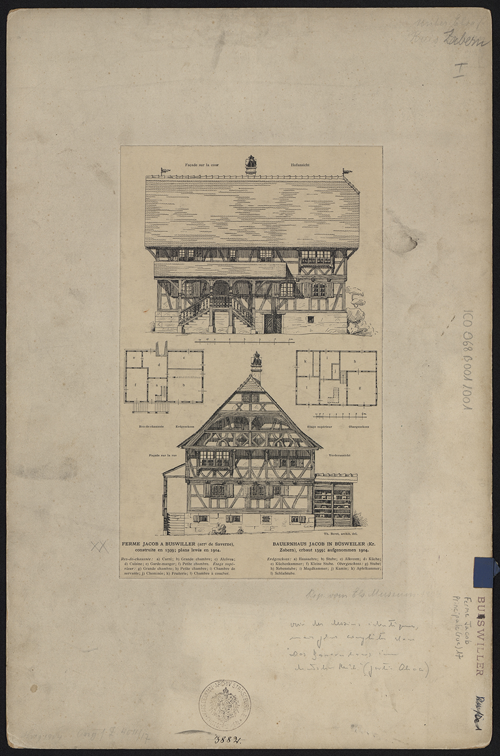 Ferme Jacob, plan et élévations du logis.