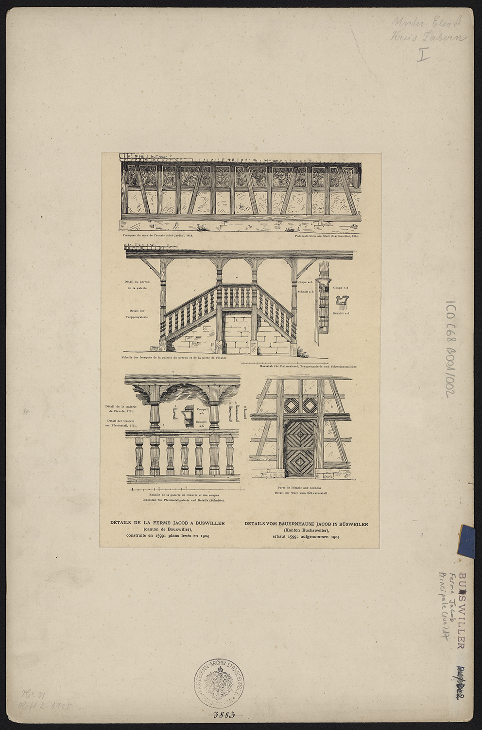 Ferme Jacob, fresques du mur de l'écurie, perron de la galerie, galerie de l'écurie, porte de l'étable aux cochons.