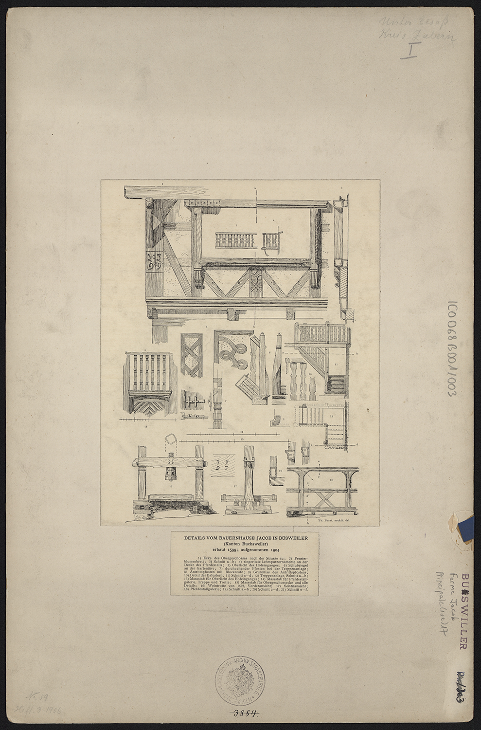 Ferme Jacob, relevés de détails en bois du logis, poteau cornier, fenêtres, balustrades, escalier, pressoir.