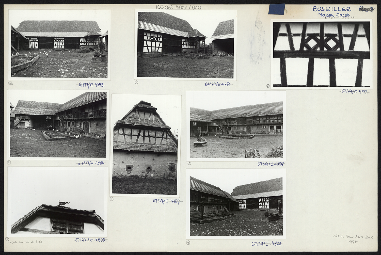 Ferme Jacob, vues des façades sur cour de la grange et de l’étable et vues des façades du logis.