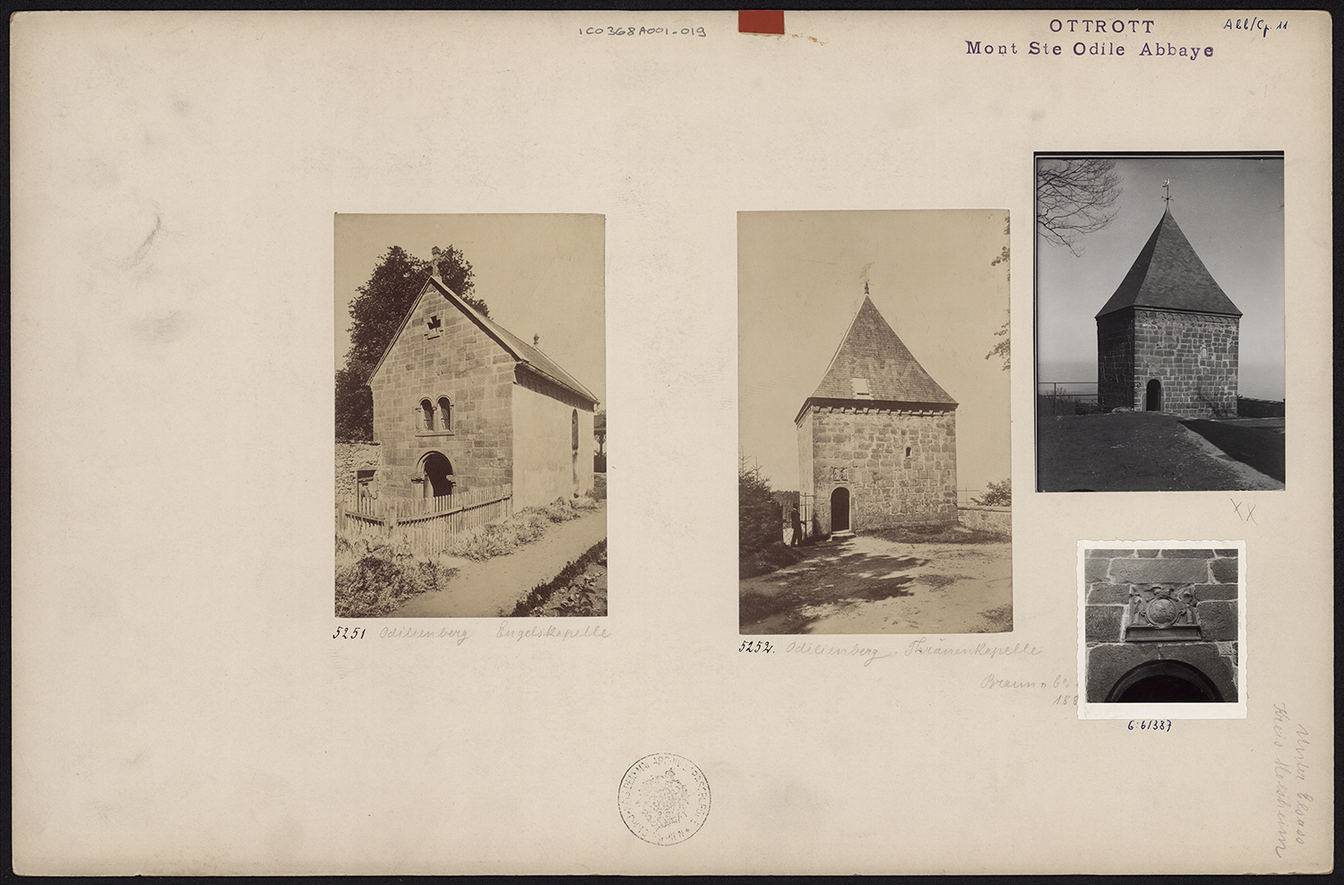 Vues d’ensemble de la chapelle des Anges et de la chapelle des Larmes, vue de détail des armoiries surmontant la porte de la chapelle des Anges.