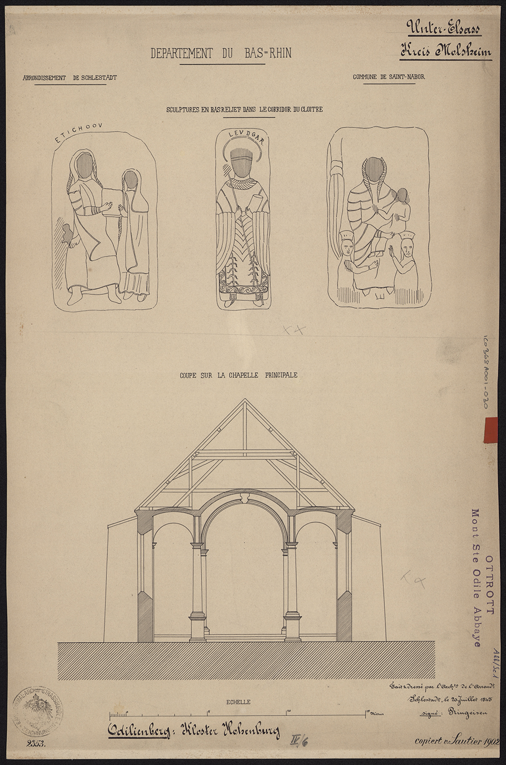 Coupe transversale sur la grande chapelle, détails de bas-reliefs situés dans le corridor du cloître.