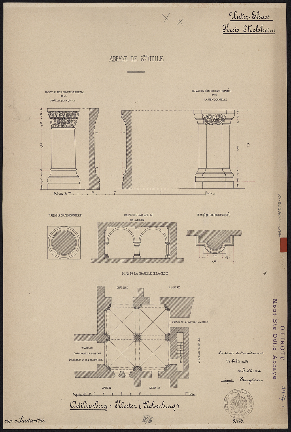 Chapelle de la Croix, plan de masse, coupe et détails des colonnes.