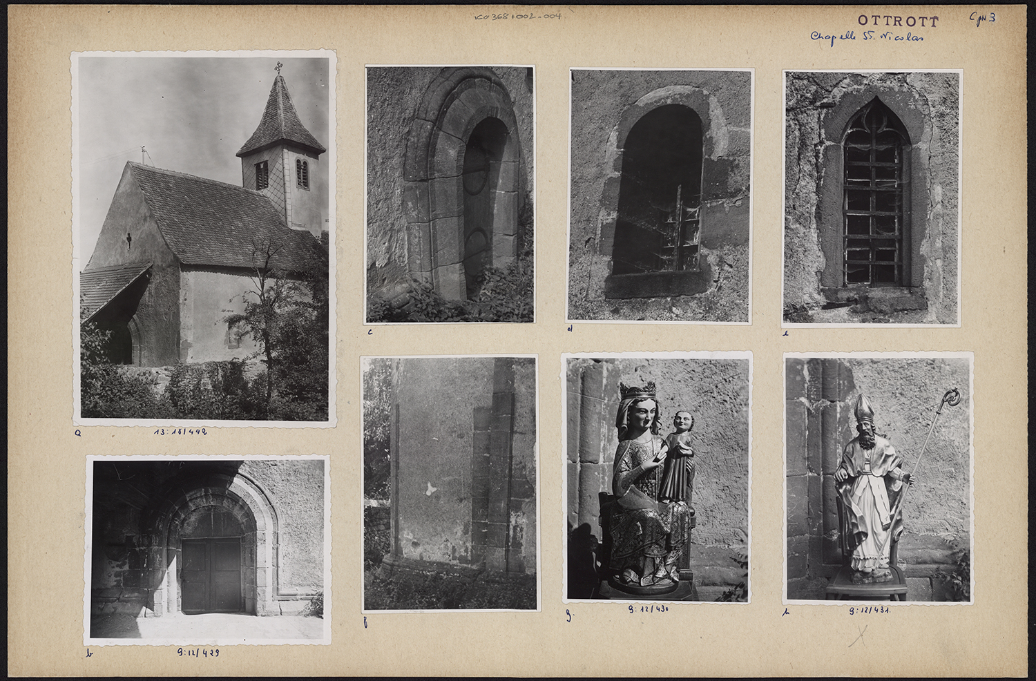 Vue d’ensemble du côté sud-ouest, vues de détail d’un mur gouttereau, des portes et des baies, vues d’ensemble des statues.