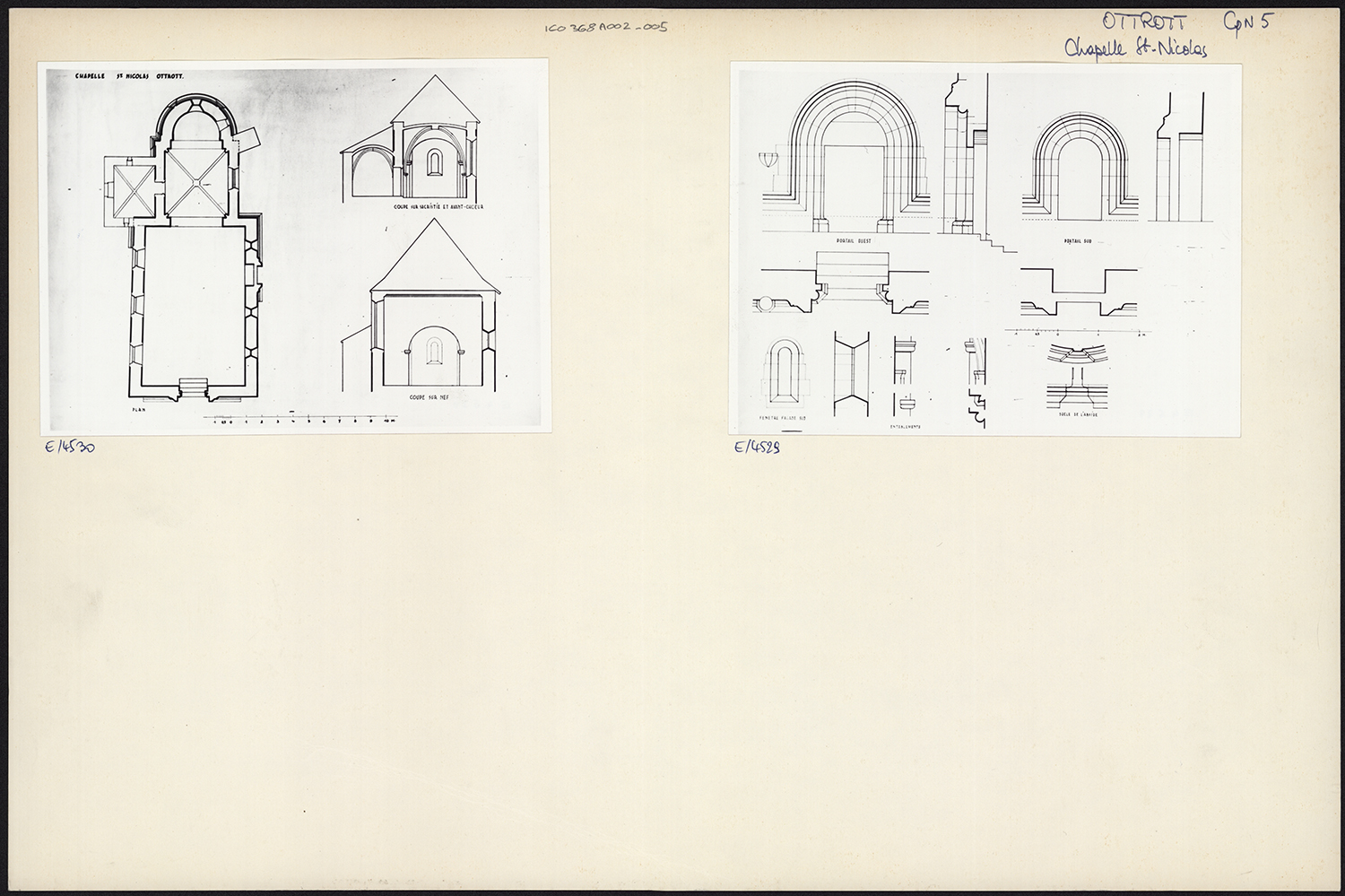 Plan de masse de l’édifice, coupes sur la nef et le choeur, plans de masse, élévations et détails des portails et d’une baie.