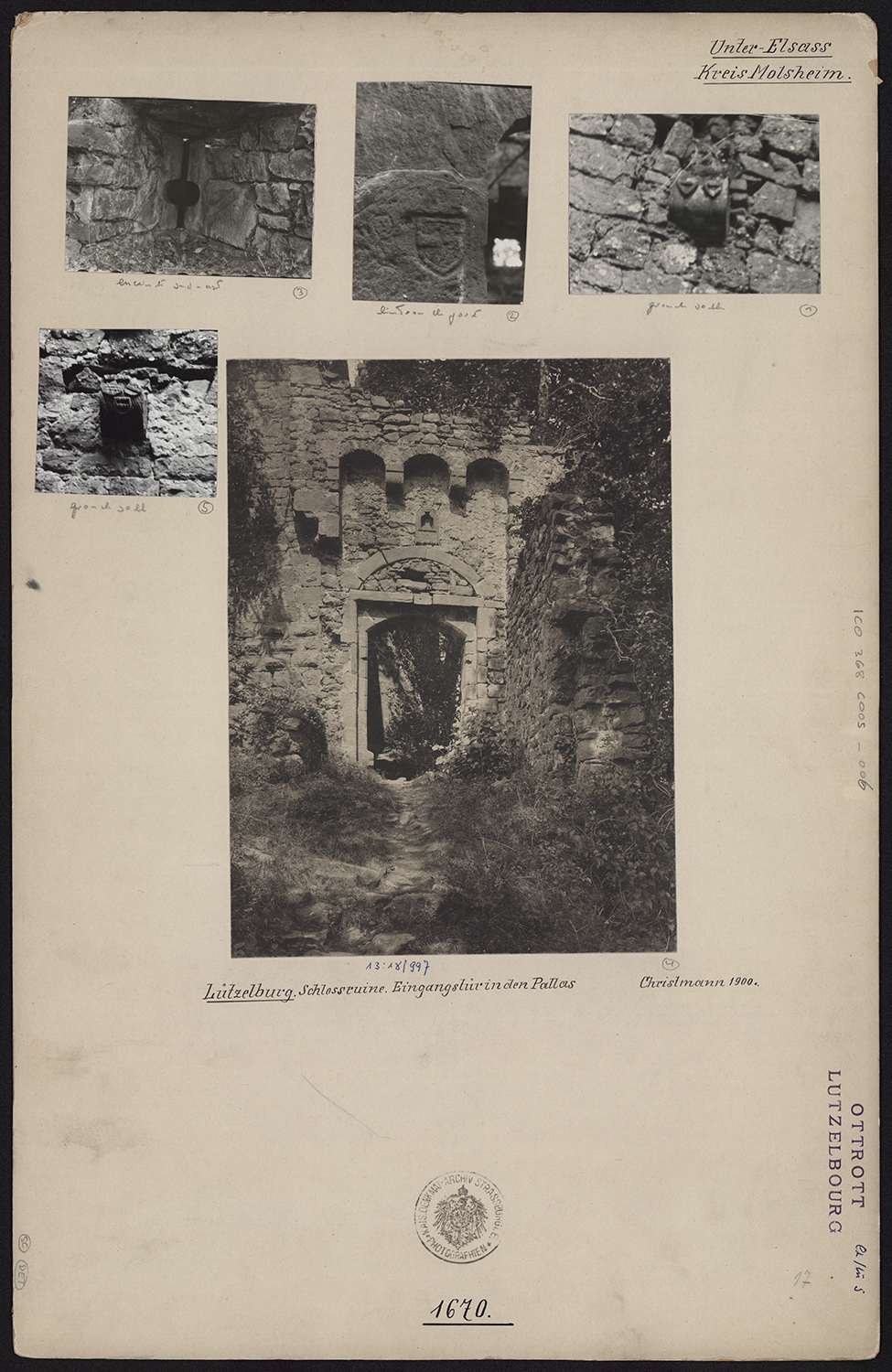 Vue d’ensemble de la porte principale et vues de détails de modillons sculptés de la grande salle, d’un linteau et de l’enceinte sud-est.