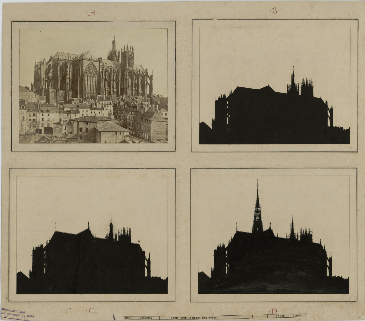 Planche (4 images), vue de la cathédrale du côté nord après l’incendie de 1877, projets de toiture et de flèche à la croisée du transept, silhouettes.