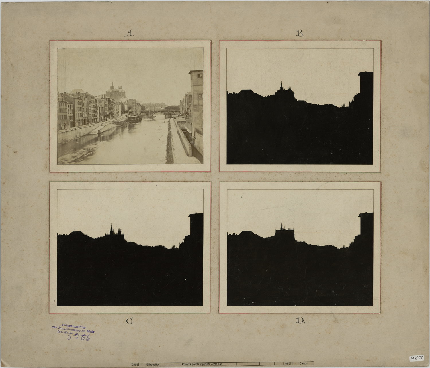 Planche (4 images) , vue du chevet depuis le pont aux Grilles après l’incendie de 1877, projets de toiture, silhouettes.