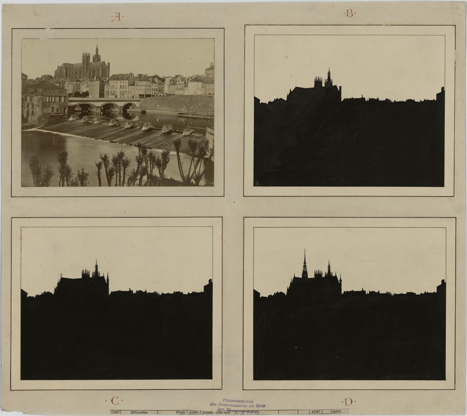 Planche (4 images) , vue de la cathédrale du côté ouest après l’incendie de 1877, projets de toiture et de flèche à la croisée du transept, silhouettes.