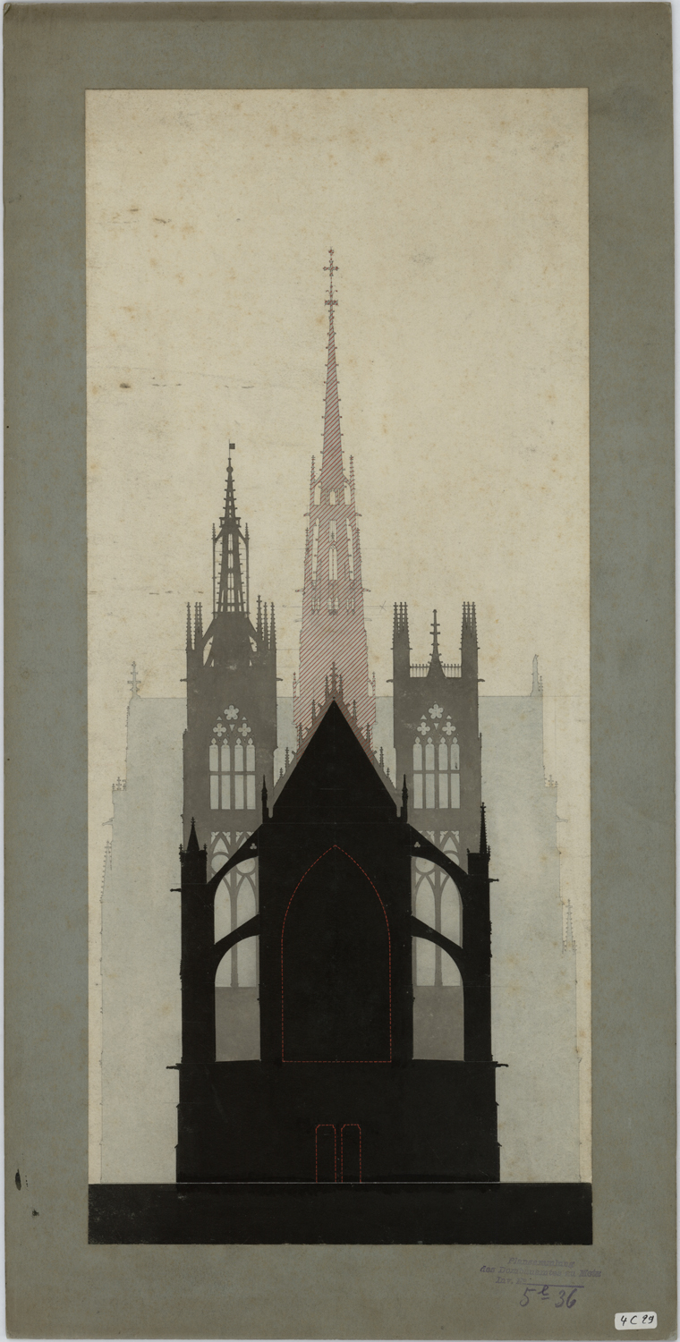 Silhouette, vue de la cathédrale du côté ouest avec projet de flèche à la croisée du transept.