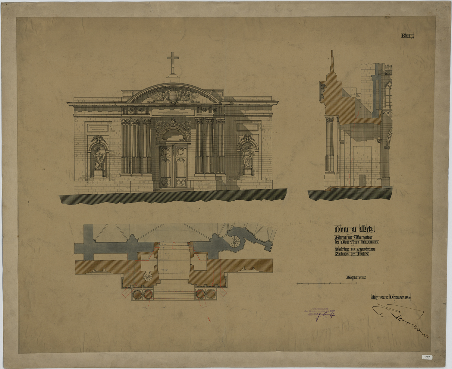 Portail occidental de Blondel, élévation, coupe et plan.