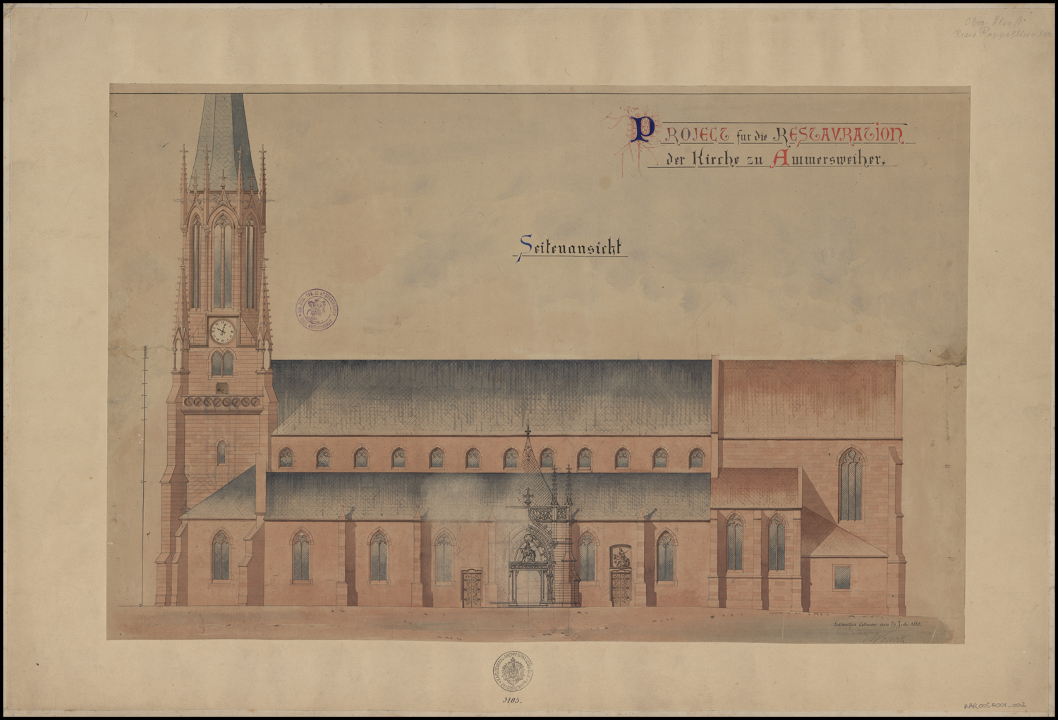 Projet de restauration, élévation de la façade sud.