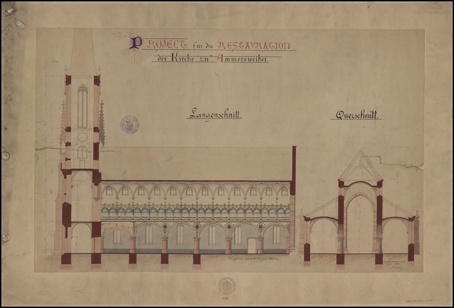 Projet de restauration, coupes longitudinale et transversale.