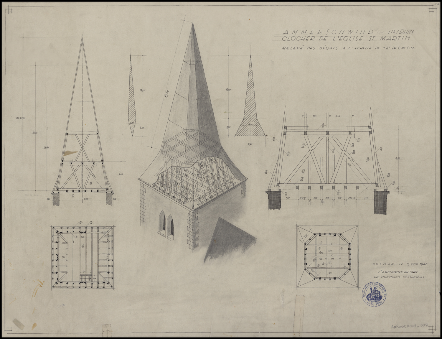 Projet de nouvelle charpente du clocher, vue axonométrique, plans par niveau, coupes et détails.