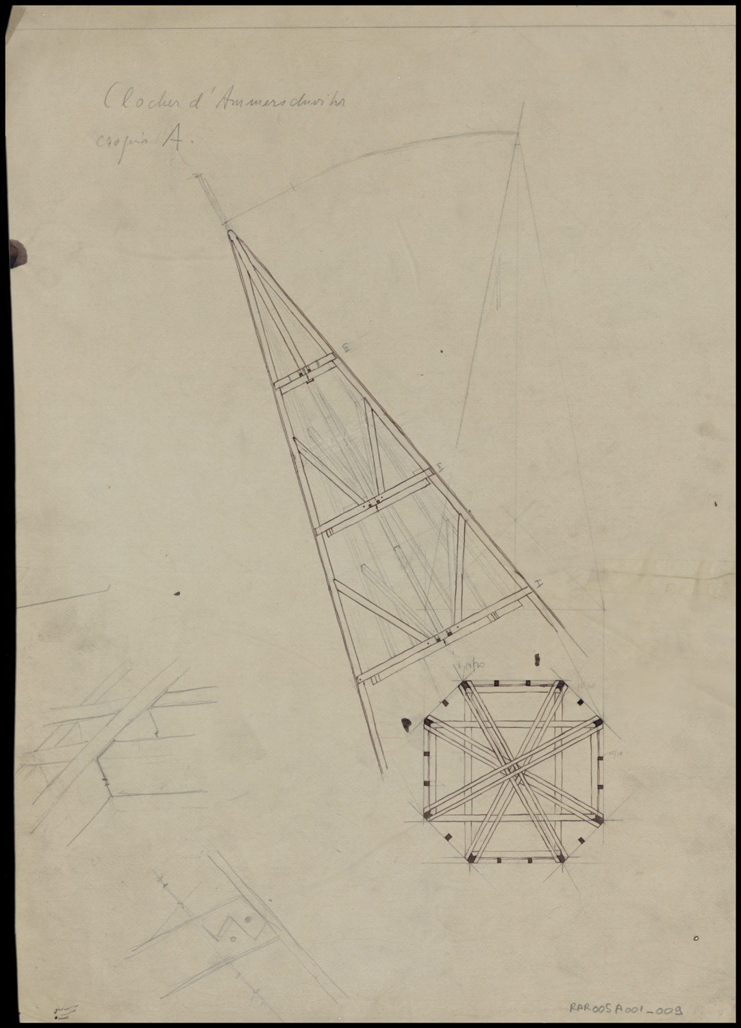 Projet de nouvelle charpente du clocher, plan, coupe et détails (croquis A).