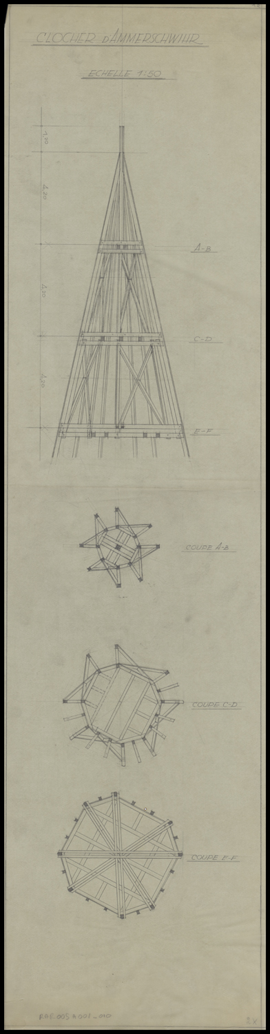 Projet de nouvelle charpente du clocher, plans par niveau et coupe sur la flèche.