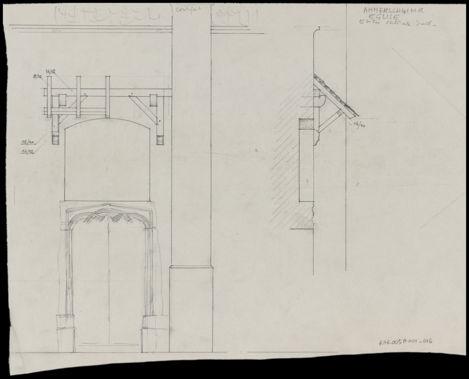 Projet de couverture de la porte du collatéral sud, élévation et coupe.