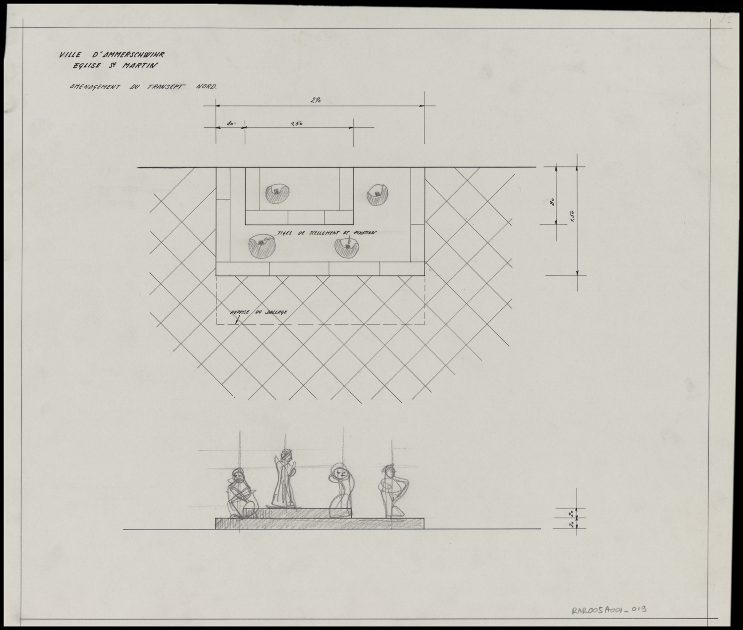 Projet d’aménagement du transept nord, plan de masse et élévation.