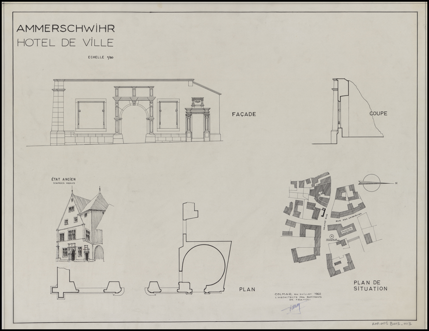 Plan de situation, plan de masse, élévations de la façade sur rue (état ancien et état actuel) et coupe.