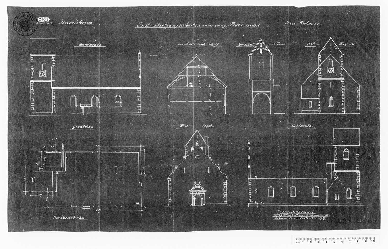 Plan de masse, élévations des façades et coupes.