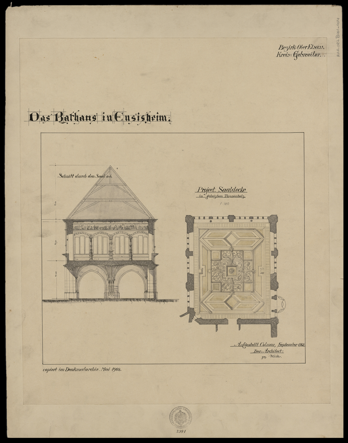 Projet de nouveau plafond pour la salle des séances, plan et coupe transversale.