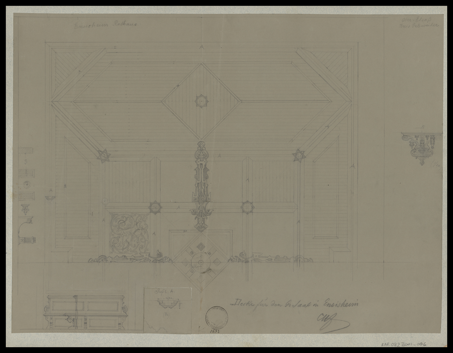 Projet de nouveau plafond pour la salle des séances, plan et détails.