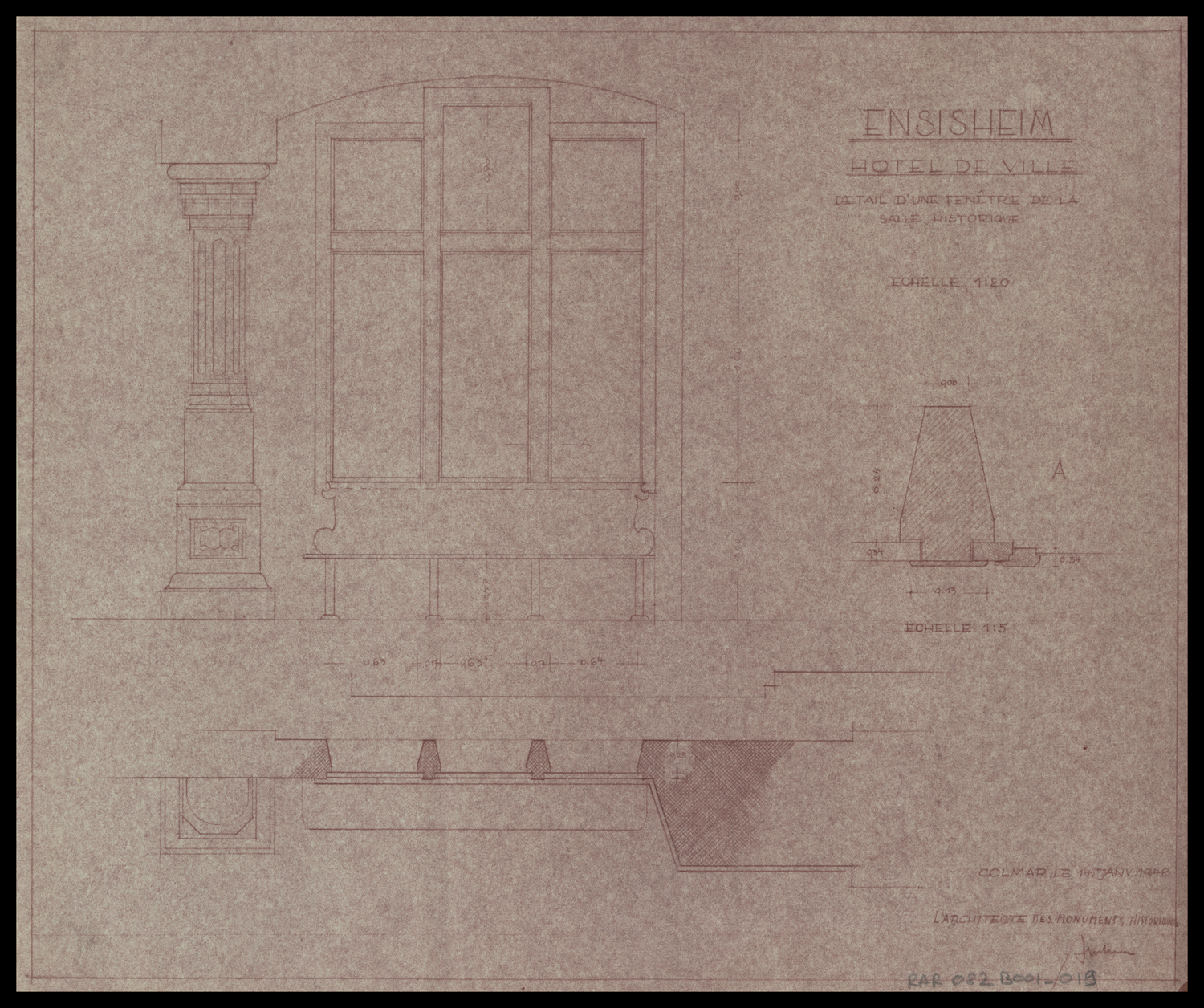 Salle des séances, plan, élévation et détail d’une fenêtre.