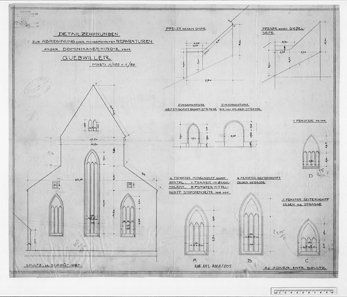 Travaux de restauration, élévation de la façade occidentale et détails des baies et des portails.