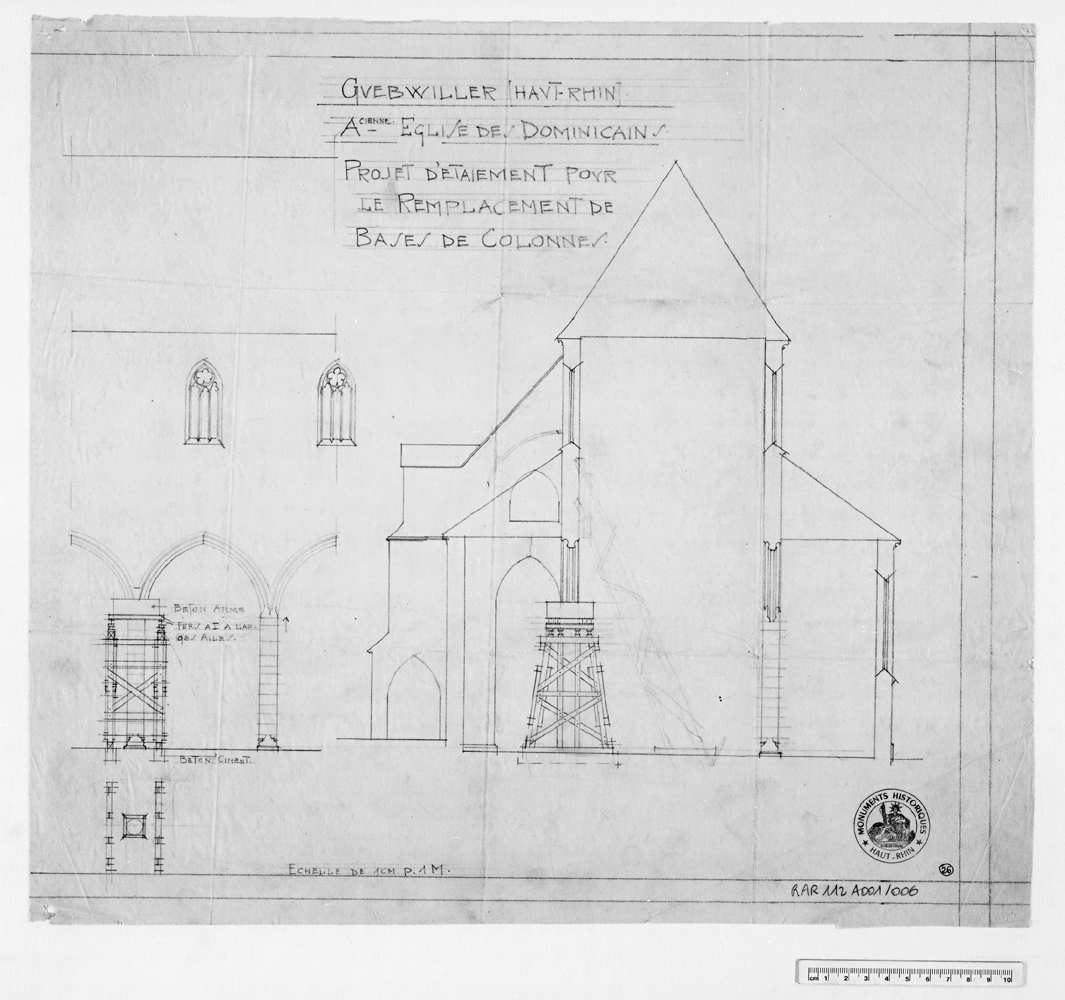 Projet de remplacement de bases de colonnes de l’église, coupe transversale et détail de l’étaiement.