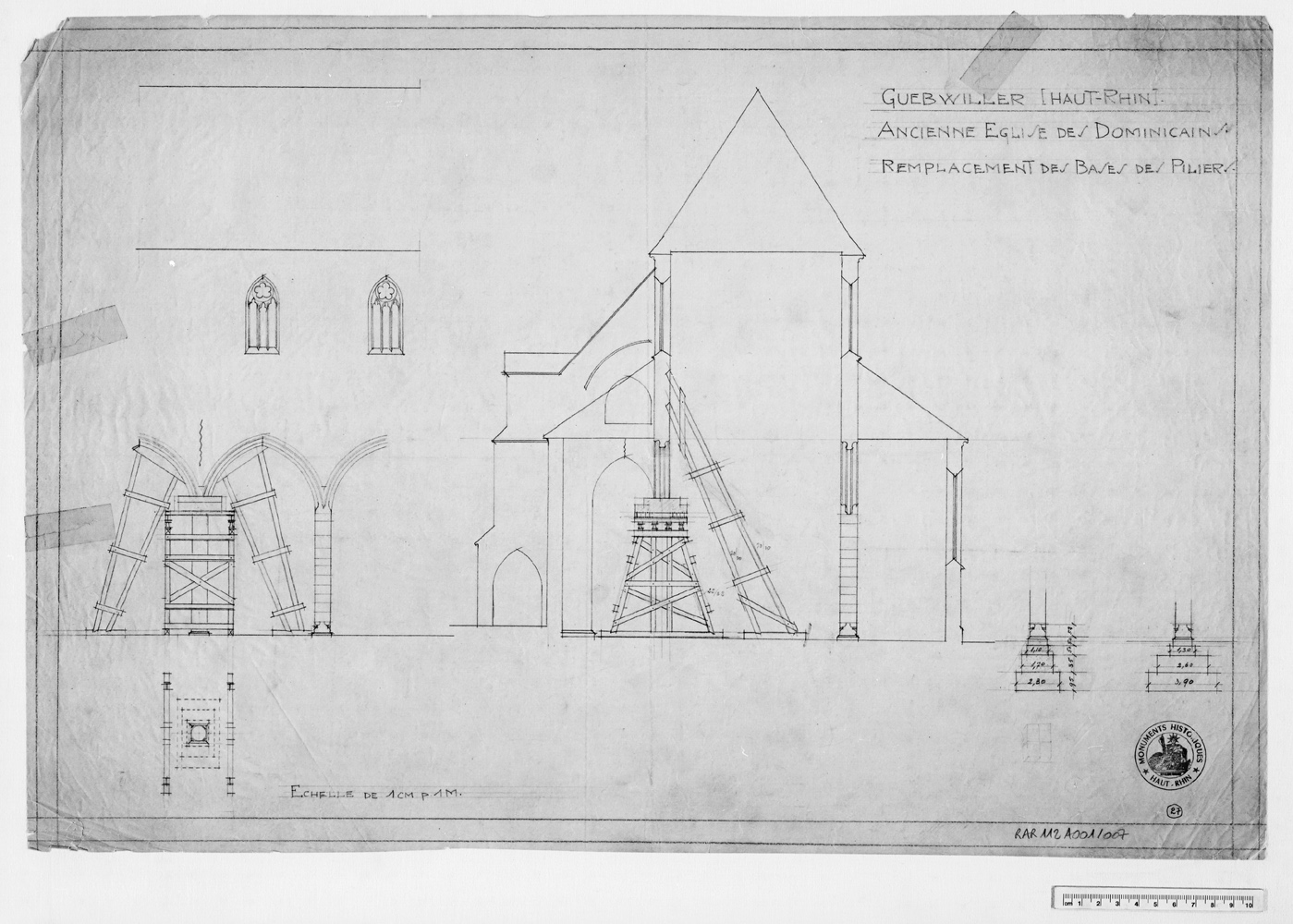 Projet de remplacement de bases de colonnes de l’église, coupe transversale et détails de l’étaiement.