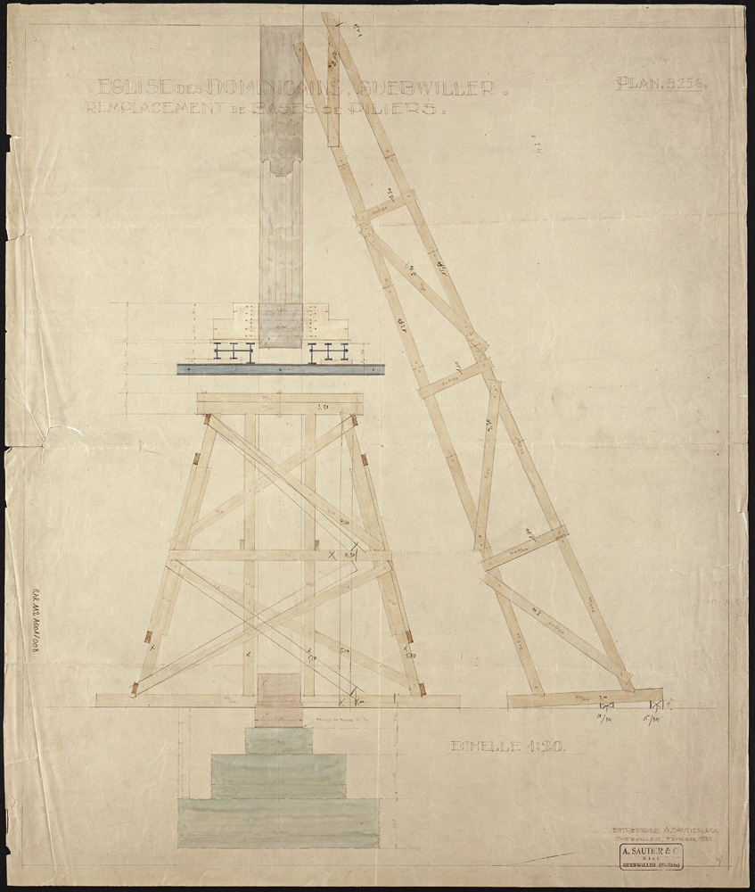 Projet d’étaiement pour le remplacement de bases de colonnes de l’église, détail de l’étaiement.