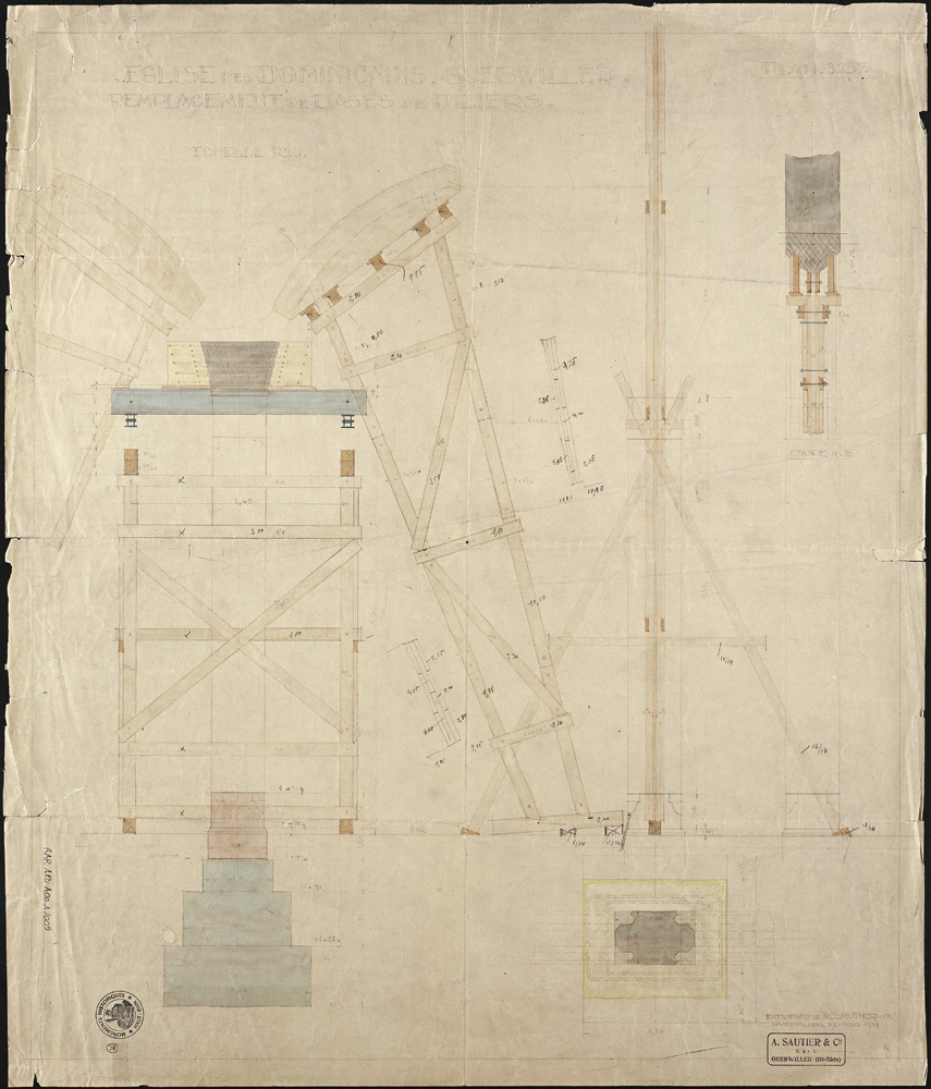 Projet d’étaiement pour le remplacement de bases de colonnes de l’église, détail de l’étaiement.