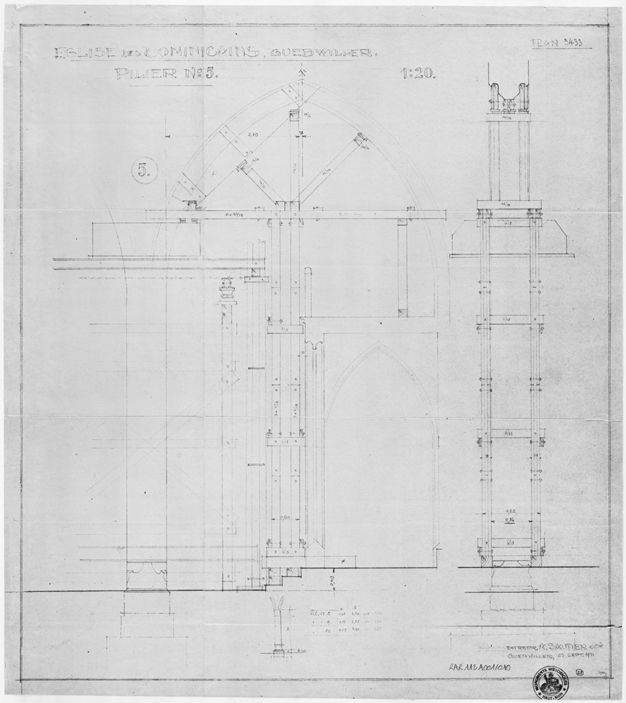 Projet d’étaiement pour le remplacement de bases de colonnes de l’église, détails de l’étaiement du pilier n° 5.