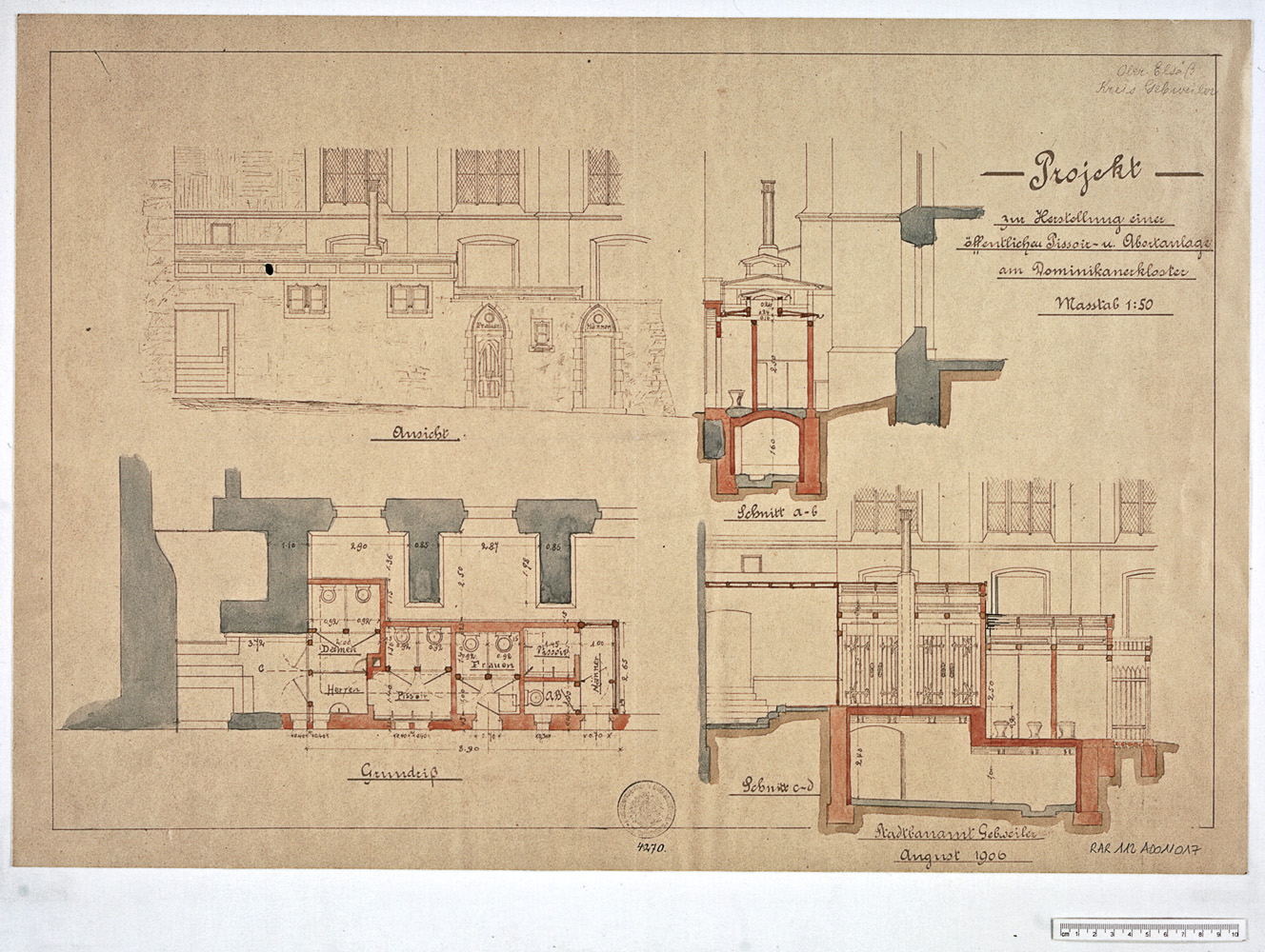 Projet de sanitaires,plan de masse, élévation, coupes transversale et longitudinale.