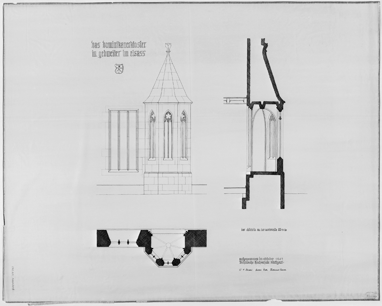 Plan de masse, élévation et coupe d’une absidiole de la façade nord du couvent.