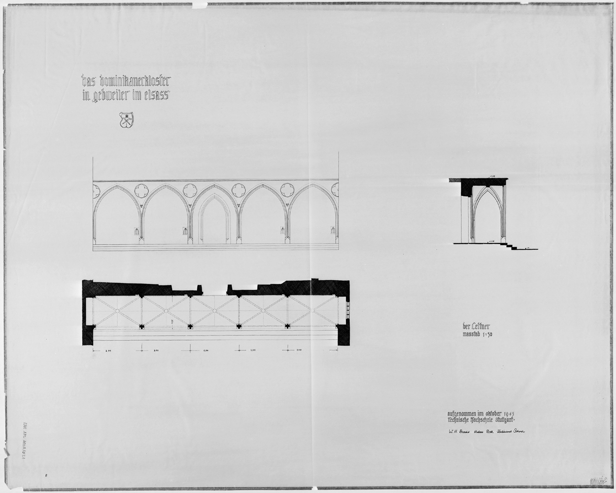 Plan de masse, élévation et coupe sur une galerie du cloître.