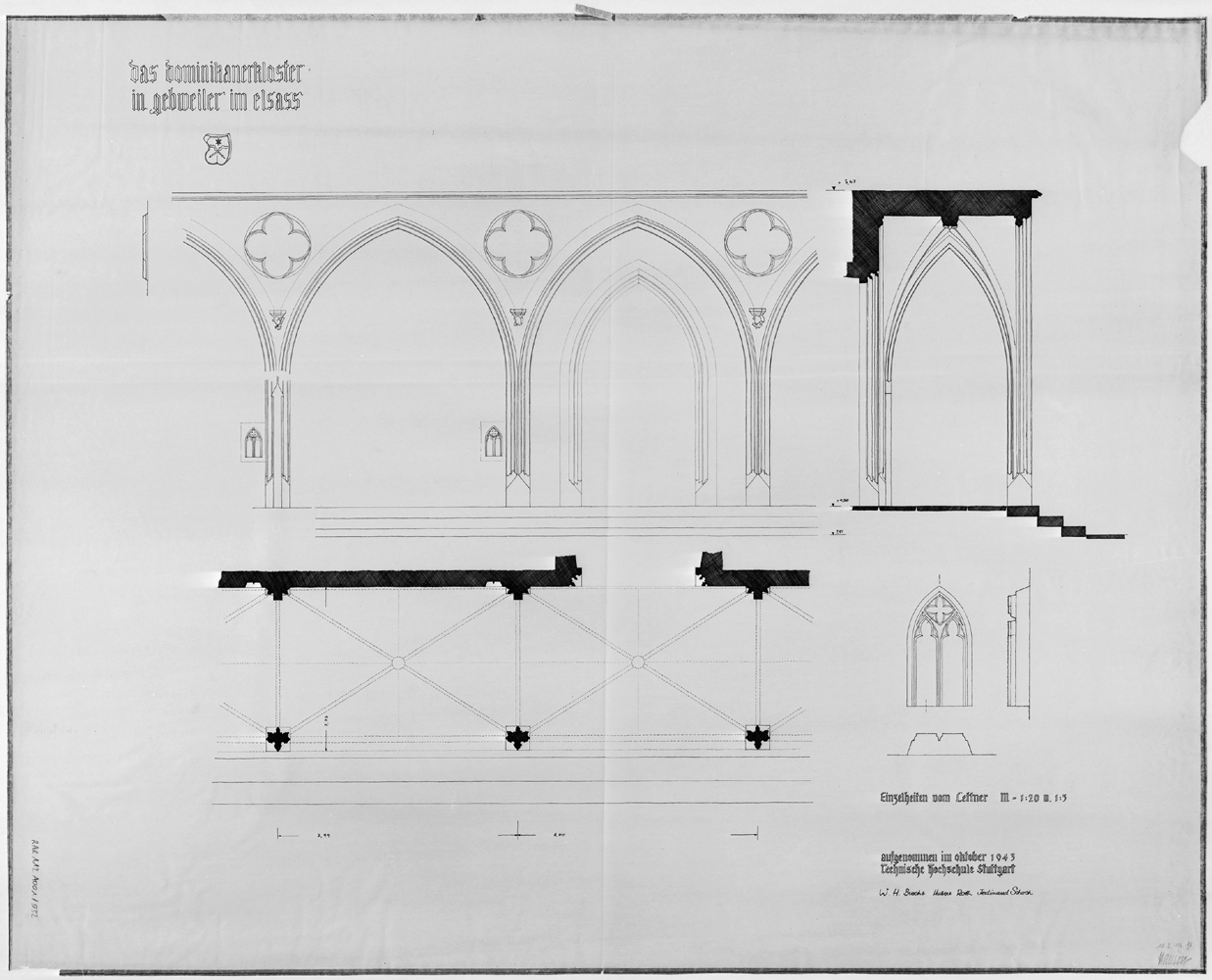 Plan de masse, élévation, coupe et détails d’une galerie du cloître.