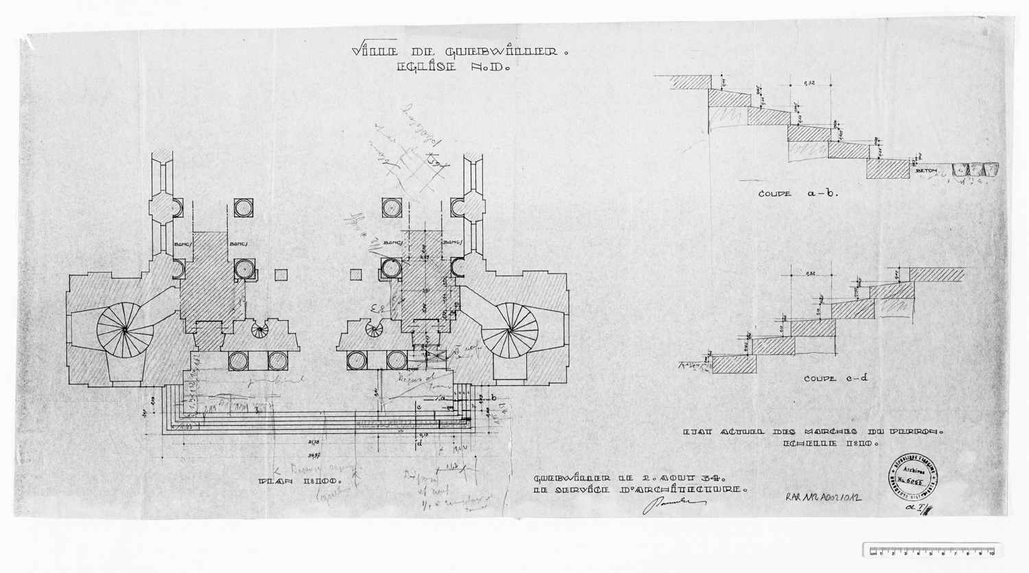 Remise en état du perron et réfection du dallage des entrées, plan de masse et coupes.