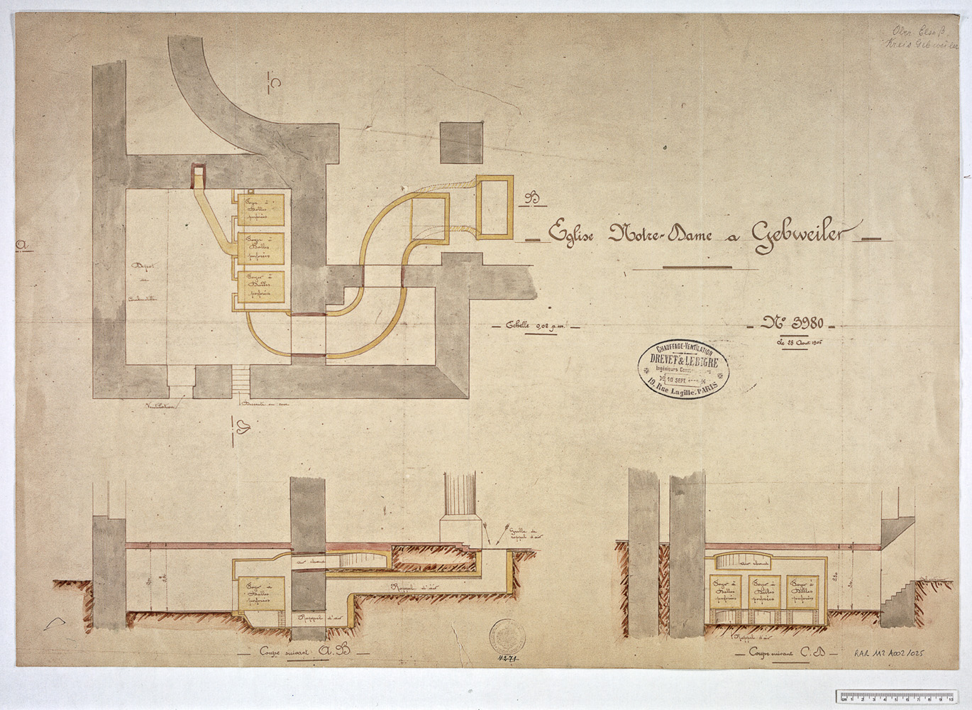 Projet d’installation du chauffage, plan et coupes.