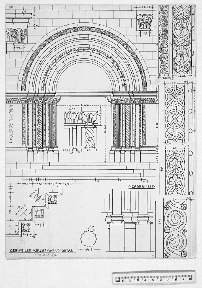 Portail occidental, élévation, section des ébrasements et détails.