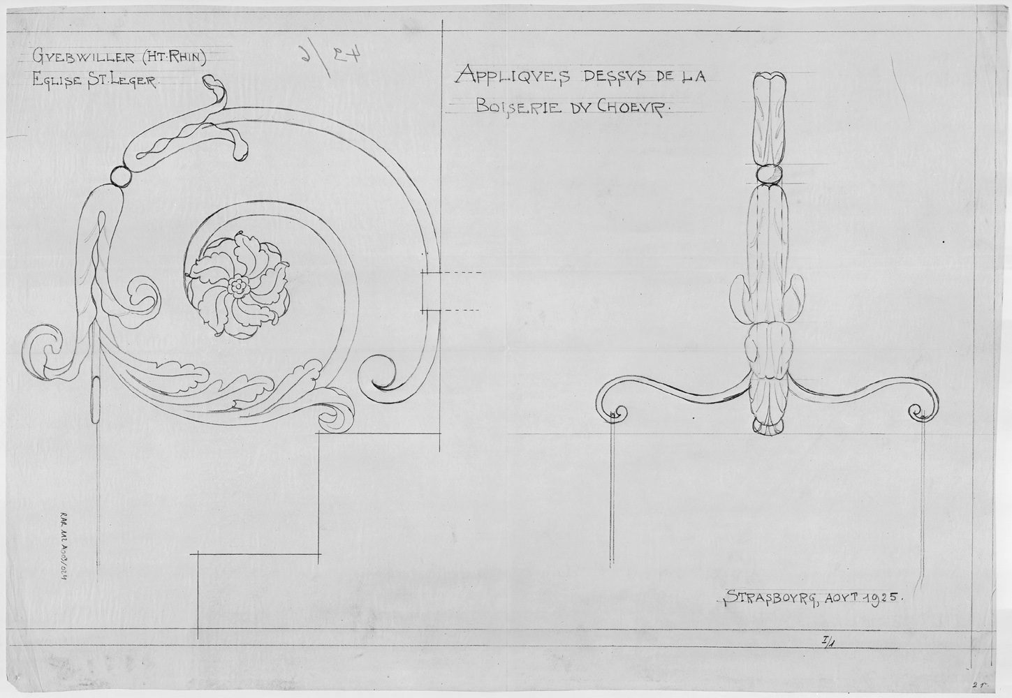 Projet d’appliques lumineuses pour les boiseries du chœur, élévations.