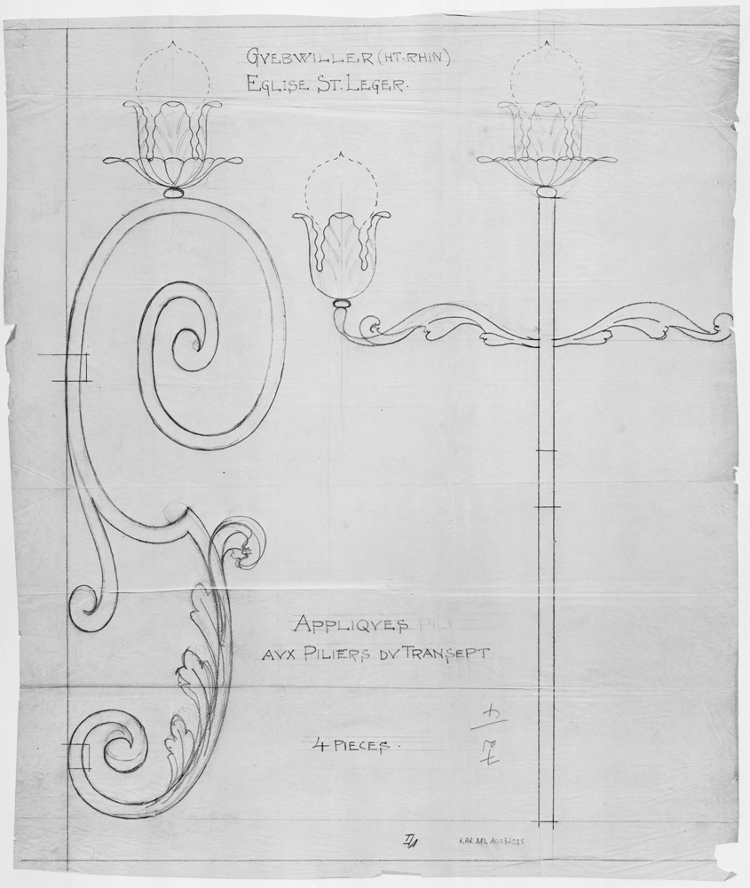 Projet d’appliques lumineuses pour les piliers du transept, élévations.