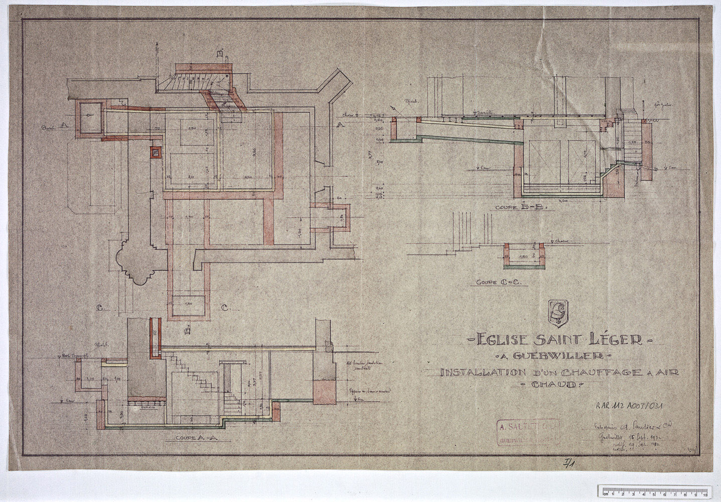 Projet de chauffage à air chaud, plan et coupes.