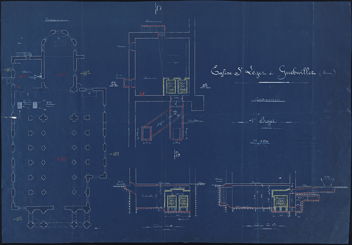 Projet de chauffage à air chaud, plan de masse, plan et coupes (premier projet).