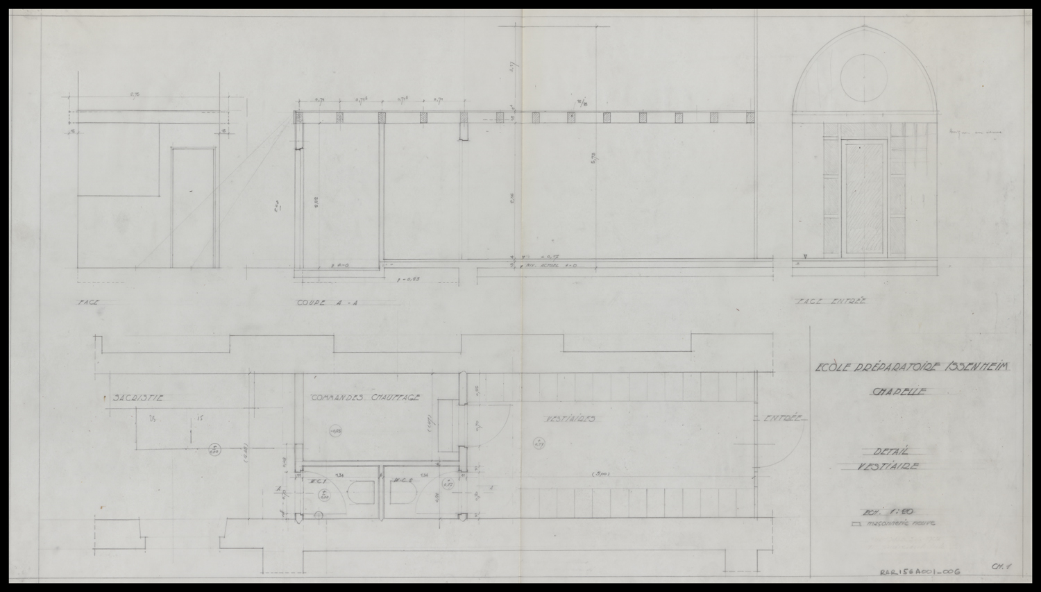 Projet d’aménagement de la chapelle en vestiaire, plan de masse, élévations et coupe.