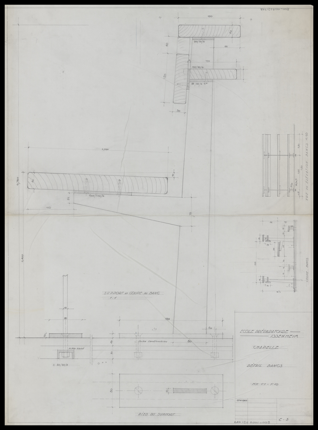 Chapelle, plan, élévation et détails des bancs.