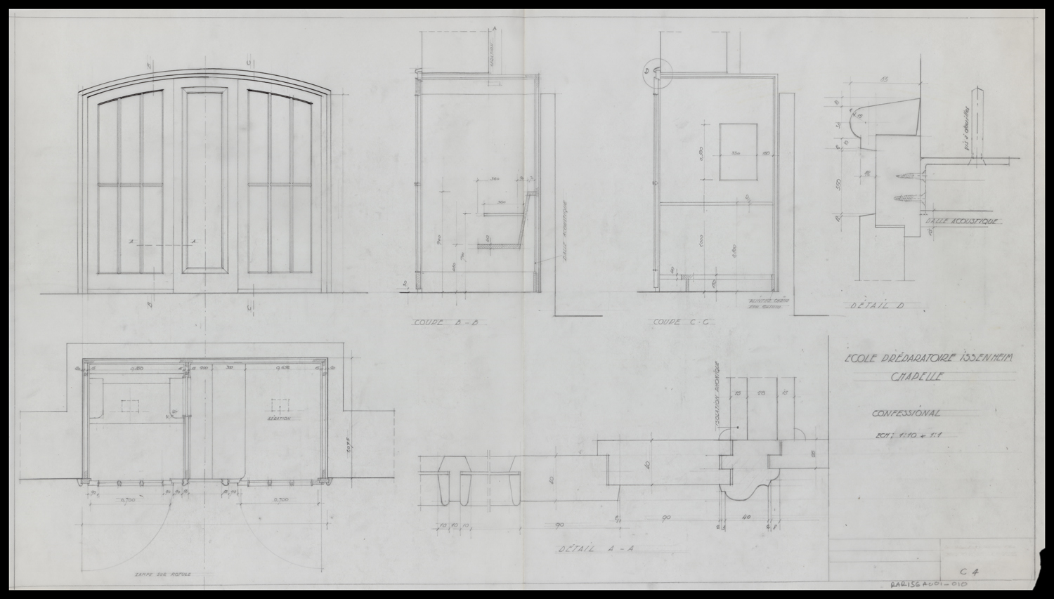 Chapelle, plan, élévation, coupes et détail d’un confessionnal.