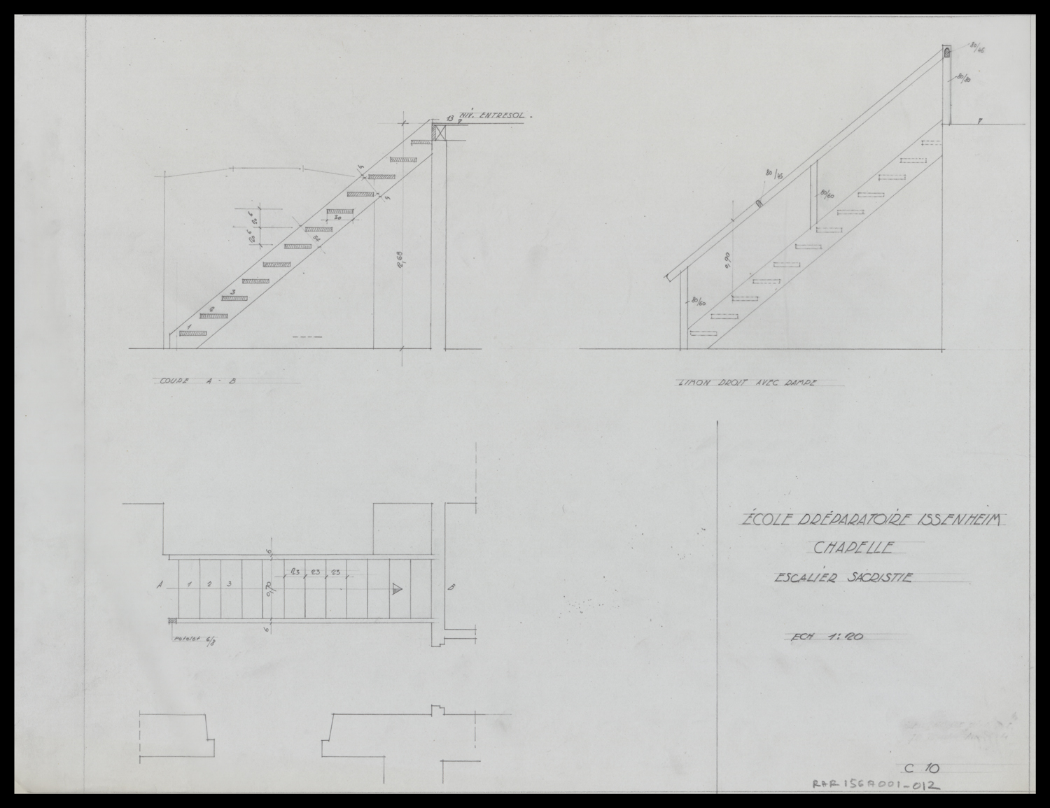 Chapelle, plan de masse, élévation et coupe de l’escalier de la sacristie.