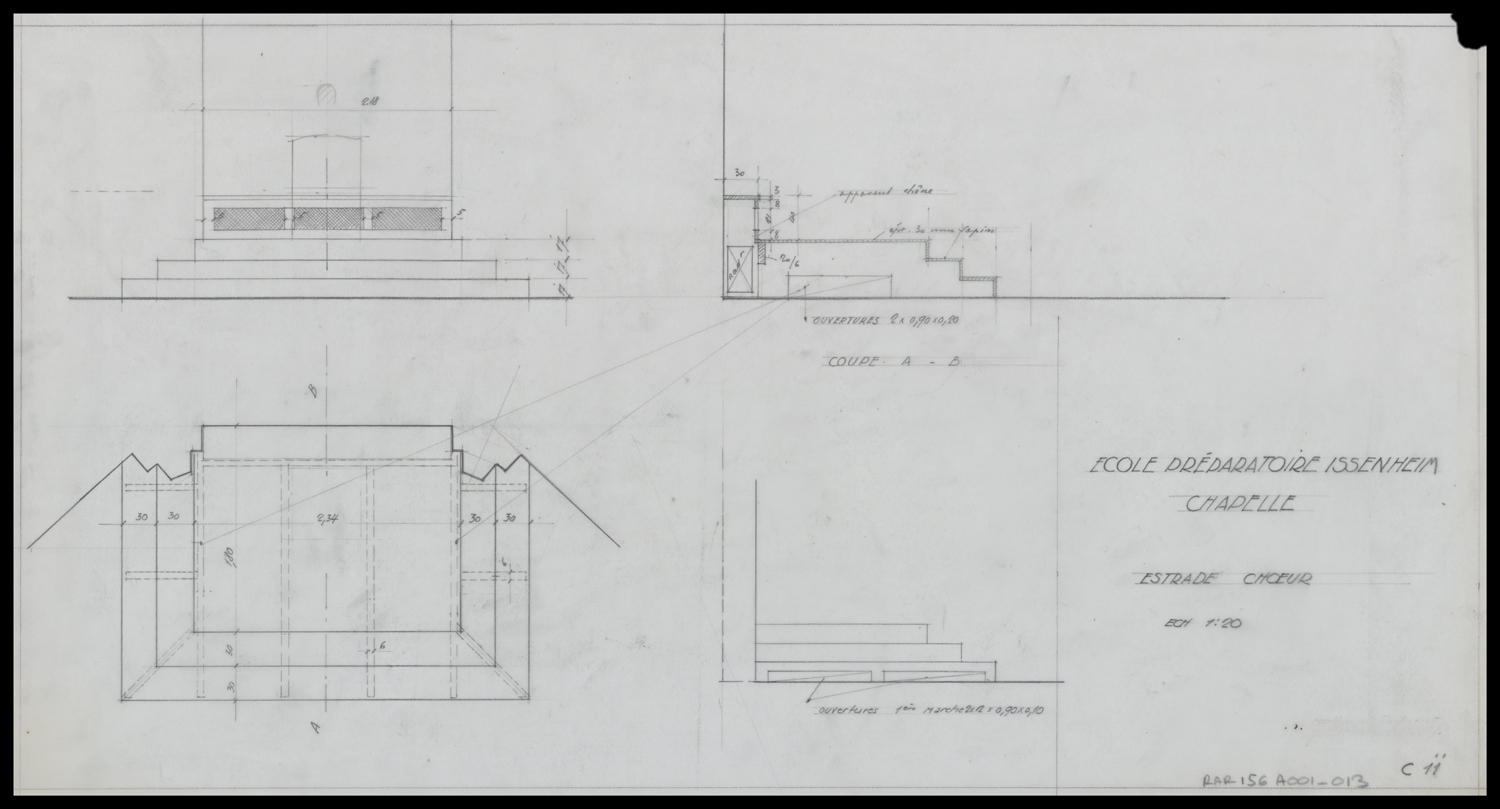 Chapelle, plan, élévation et détails de l’estrade du choeur.