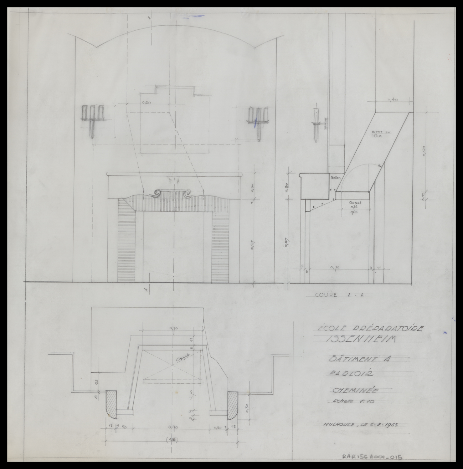Bâtiment A, plan de masse, élévation et coupe du parloir.